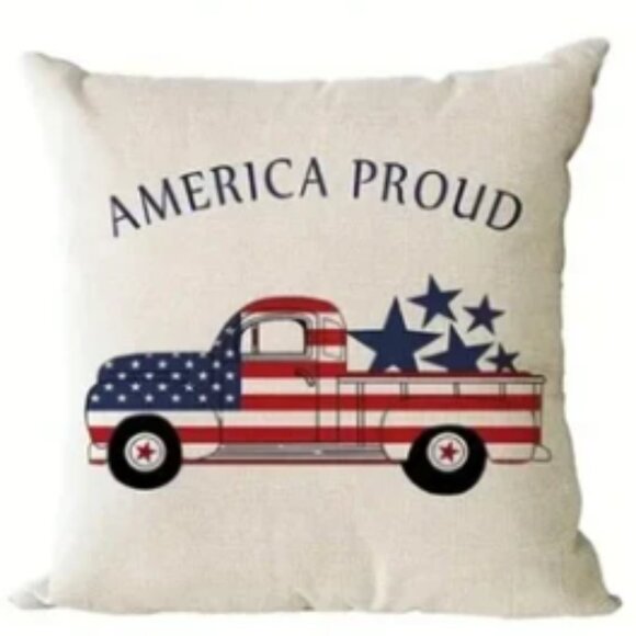 NEW "AMERICA PROUD" VTG TRUCK AMERICANA 4TH OF JULY DECOR LINEN PILLOW COVER 18" - Picture 1 of 3